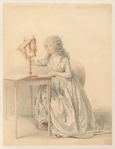 Figuurstudie van een zittende vrouw met een opticaspiegel