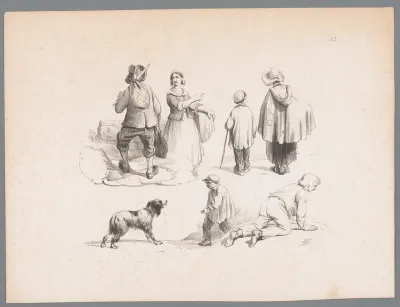 Figuurstudies van een reiziger, een moeder met kind, een jongen met hond en een kruipende jongen