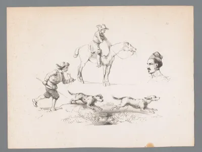 Figuurstudies van een ruiter te paard, het hoofd van een man en een jager met twee jachthonden