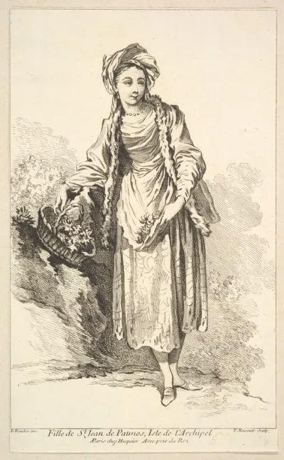 Fille de St. Jean de Patmos, Isle de l'Archipel, plate 6 from "Recueil de diverses fig.res étrangeres Inventées par F. Boucher P.tre du Roy et Gravées par F. Ravenet" (Collection of Various Foreign Figures, Devised by F. Boucher, Painter of the King 