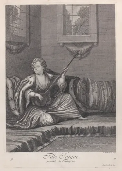 Fille Turque, jouant du Tehegour, plate 51 from "Recueil de cent estampes représentent differentes nations du Levant"