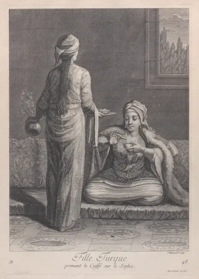 Fille Turque, prenant le Caffé sur le Sopha, plate 48 from "Recueil de cent estampes représentent differentes nations du Levant"