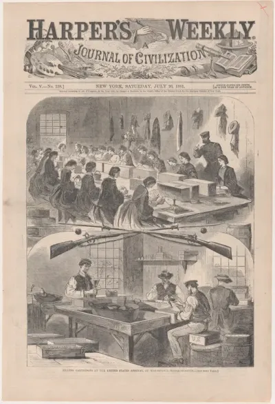 Filling Cartridges at the United States Arsenal, at Watertown, Massachusetts (from "Harper's Weekly," Vol. 5, no. 238, cover)