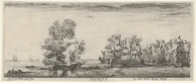 Fire, a flotilla on fire in center and to the right, two boats full of people to left, from "The Four Elements" (Les Quatre Eléments)