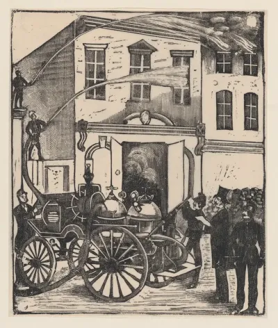 Firefighters putting out a fire in a house, firetruck in foreground