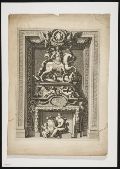 Fireplace with putti, ruler on horseback, eagles and friezes