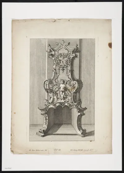 Fireplace with putti with spear and foliate scrolls