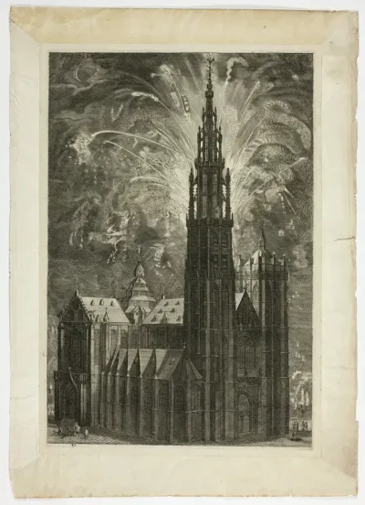 Firework around the Antwerp Cathedral, plate 41 from Casperius Gevartius, Pompa Introitus Honori Serenissimi Principis Ferdinandi