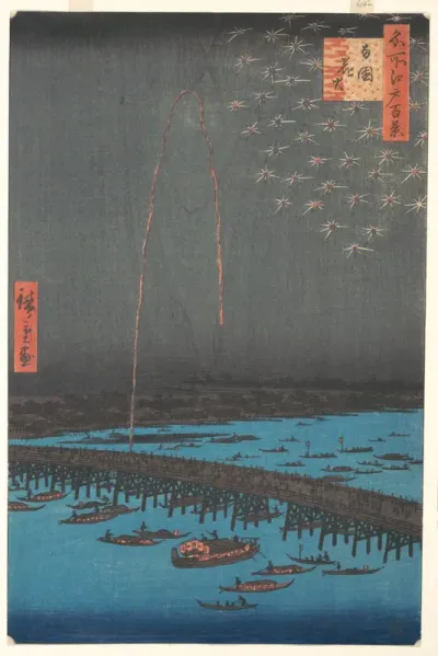Fireworks at Ryōgoku Bridge, from the series One Hundred Famous Views of Edo