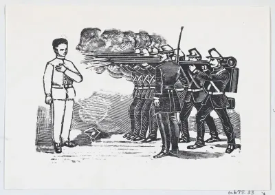 Firing squad shooting a man with his left hand on his chest