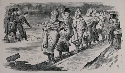 First Vatican Council, 1869-1870: Pope Pius IX leading his cardinals across a plank of wood placed on the ice, watched by Mr Punch