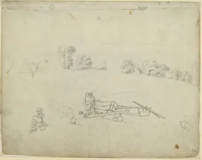 Fischer mit Booten am Ufer, das eine auf Balken. Sitzender Zeichner. Baum- und Hausstudien