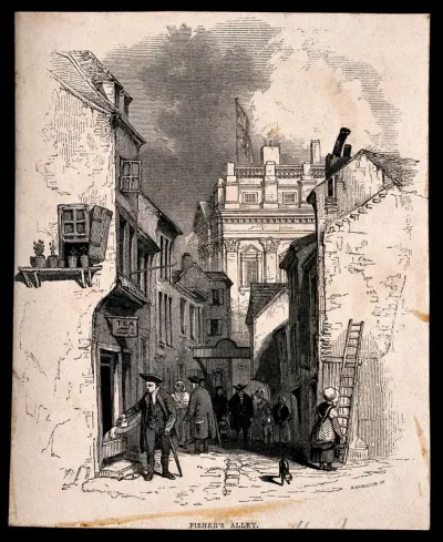 Fisher's Alley (Fisher Lane), near the Royal Naval Hospital, Greenwich, with many Pensioners and other people walking