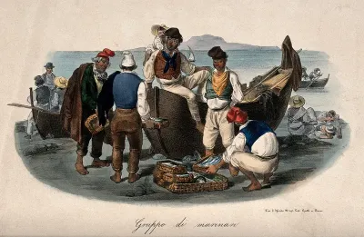 Fisherman on the sea shore in the Bay of Naples with the boat from which they have unloaded their catch; they are selling fish to other traders