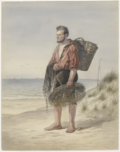 Fisherman standing in the dunes with baskets and a net