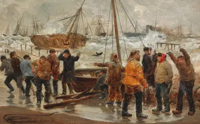 Fishermen and ships in stormy weather.