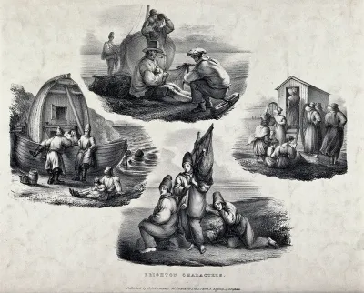 Fishermen at Brighton, and women outside a bathing hut at Brighton