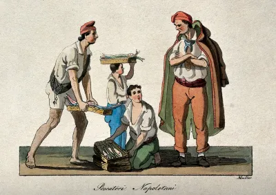 Fishermen in Naples sell their goods to a man in a long cloak