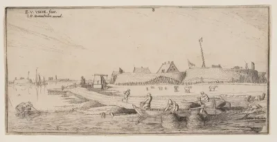 Fishermen in Rowboats Before a Walled Town, from Landscapes
