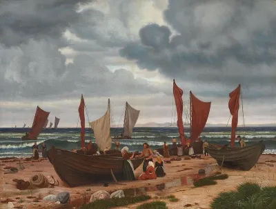 Fishermen of Hornbæk coming home from catching herring in unruly weather.
