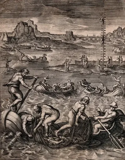 Fishermen trapping fish in the Sea of Marmara with the aid of a look-out post