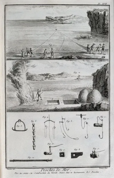Fishermen with a drag-net, burning kelp on the beach, and hooks and other equipment
