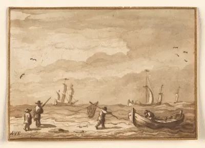 Fishing Boats and a Man with a Net