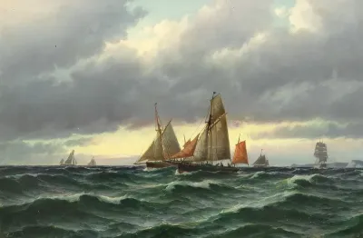 Fishing boats at sea, evening.