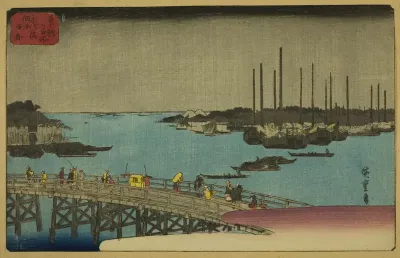 Fishing Boats near Eitai Bridge in Tsukuda Bay (Eitaibashi Tsukuda oki isaribune), from the series "Famous Places in the Eastern Capital (Toto meisho)"