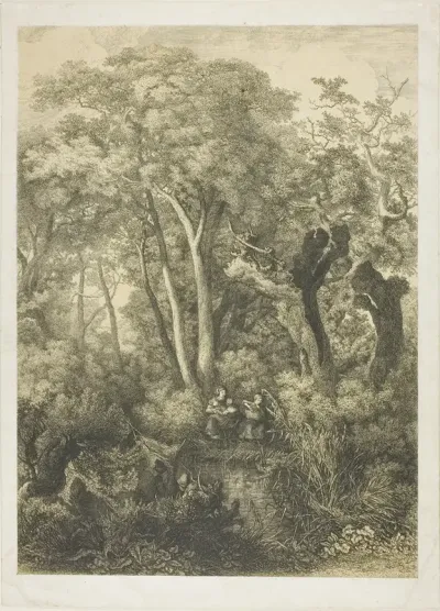Fishing Family at the Edge of a Stream