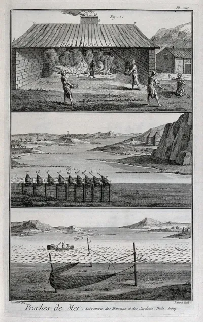 Fishing: people smoking herrings and sardines; pots and nets for trapping them