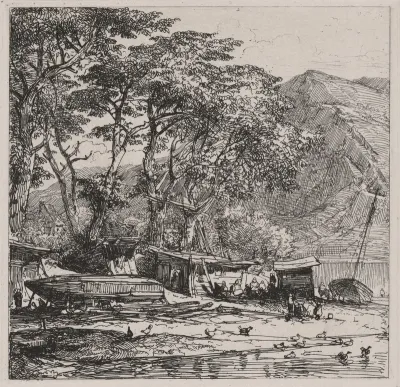 Fishing Village with Boats on the Shore