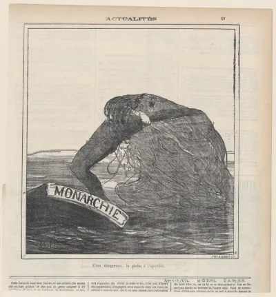 Fishing with a sweep-net can be dangerous, from 'News of the day,' published in Le Charivari, April 13, 1872