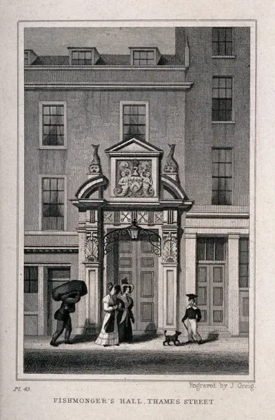 Fishmongers' Hall, Thames Street, London: the entrance to the hall, with elaborate allegorical carving above the doors, two fashionable ladies, a scholar and a coal-heaver in the street