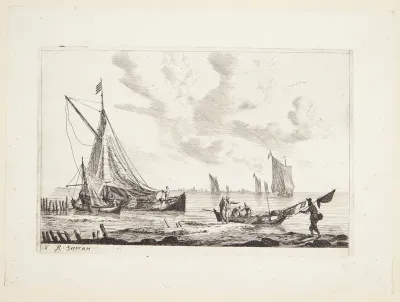 Fiskere og fiskerbåde ved en strand