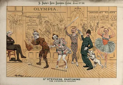 Five actors represented by English politicians are performing a pantomime while a (Quaker?) spectator is asleep in his chair