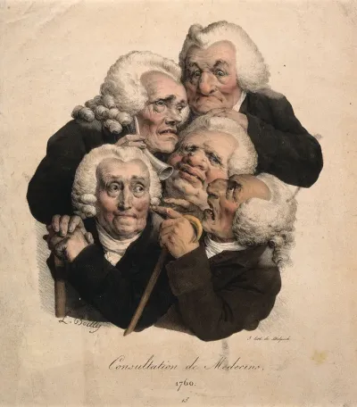 Five aged doctors crushed together in consultation