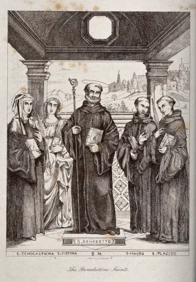 Five Benedictine saints: Saint Benedict, Saint Scholastica, Saint Justina, Saint Maurus, and Saint Placidus
