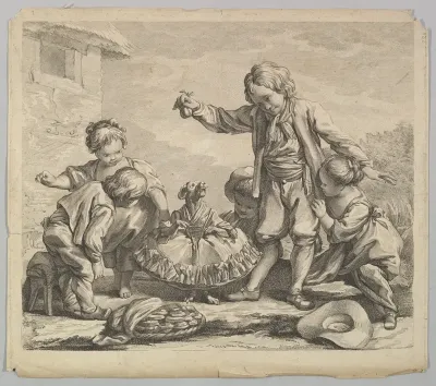 Five Children with Dancing Dog