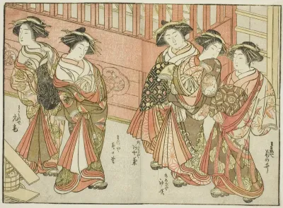 Five Courtesans of Various Houses, from the book "Mirror of Beautiful Women of the Pleasure Quarters (Seiro bijin awase sugata kagami)," vol. 3