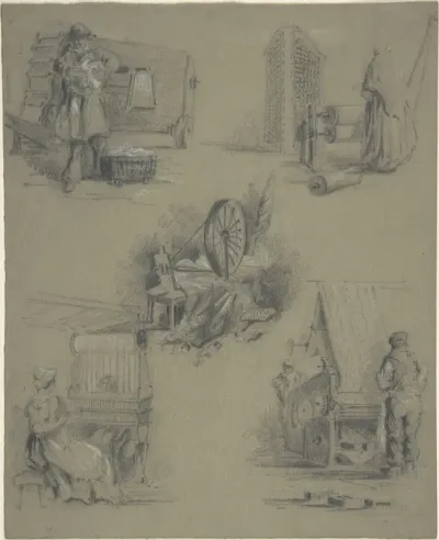 Five drawings showing processes of weaving and spinning