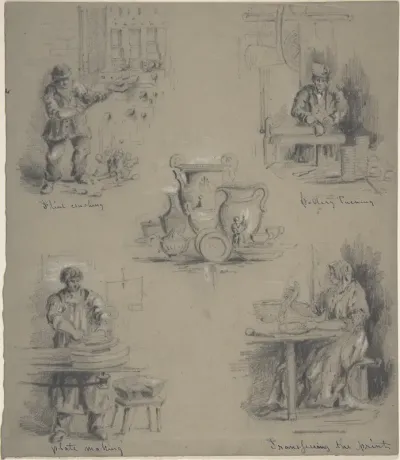 Five drawings showing the manufacture of china