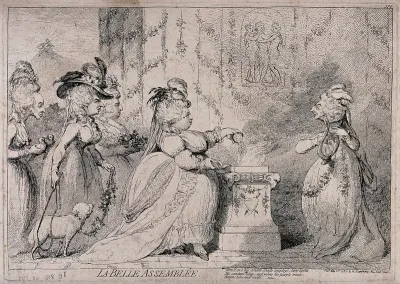 Five elderly ladies caricatured as young women performing a sacrifice in a classical tableau