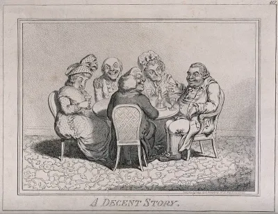 Five elderly people sit at a table drinking port as one man tells a story
