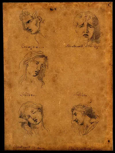 Five faces expressing human passions: (clockwise from top left:) compassion, sadness and dejection of heart, a profile and frontal view of dejection, and sadness