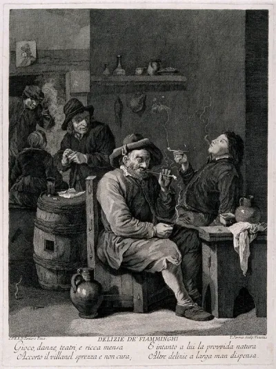 Five Flemish men, old and young alike, smoke and drink in a dingy smoke den