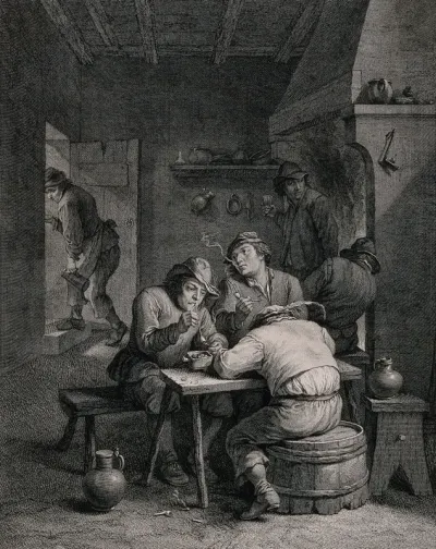 Five Flemish men smoke, drink and sleep in a dingy smoke den