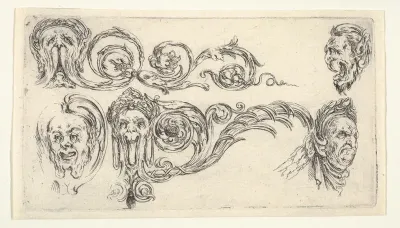 Five grotesque heads, plate 4 from "Friezes, foliage, and grotesques" (Frises, feuillages et grotesques)