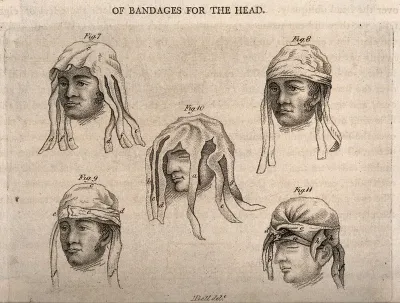 Five heads illustrating different methods of bandaging