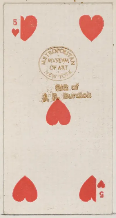 Five Hearts (red), from the Playing Cards series (N84) for Duke brand cigarettes
